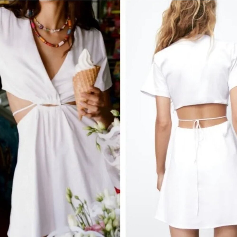 NWT Zara White Cutout Poplin Dress SZ Medium - Picture 2 of 6